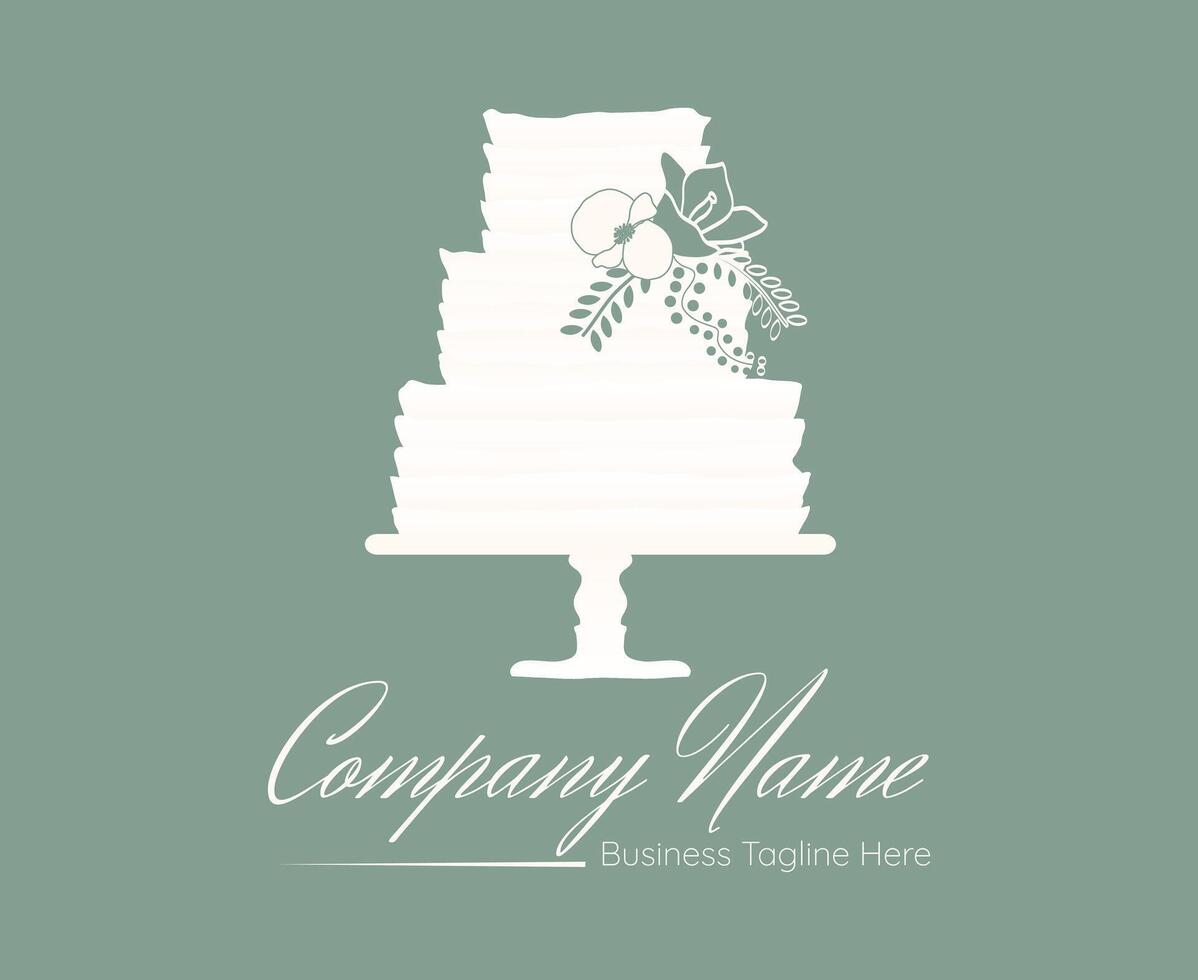 Elegant White Cake Bakery Logo in Luxury Style on Light Green Background vector