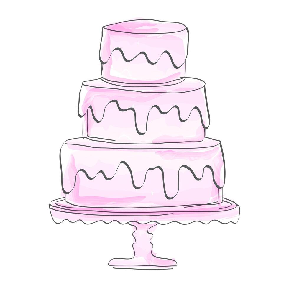 Pink Watercolor Cake Illustration in Sketch or Draft Style vector