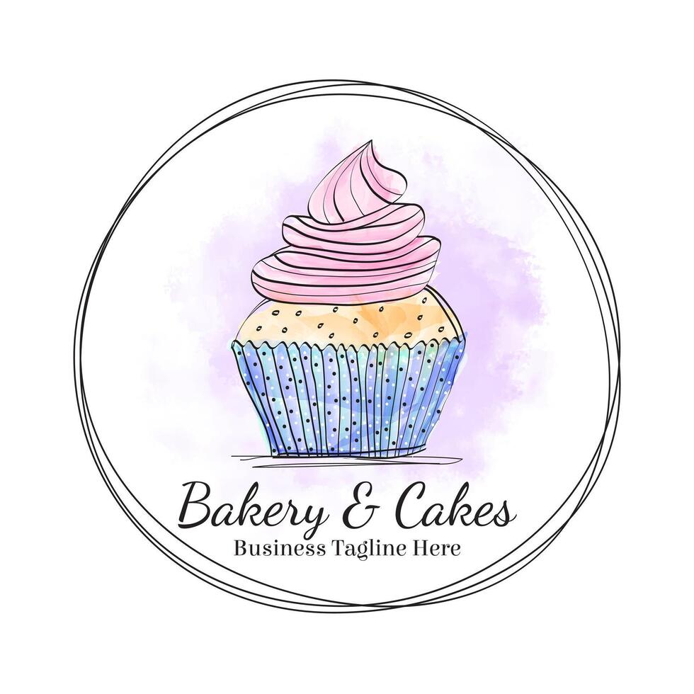 Nice Round Cupcake Logo with in Hand Drawn Doodle Watercolor Style vector