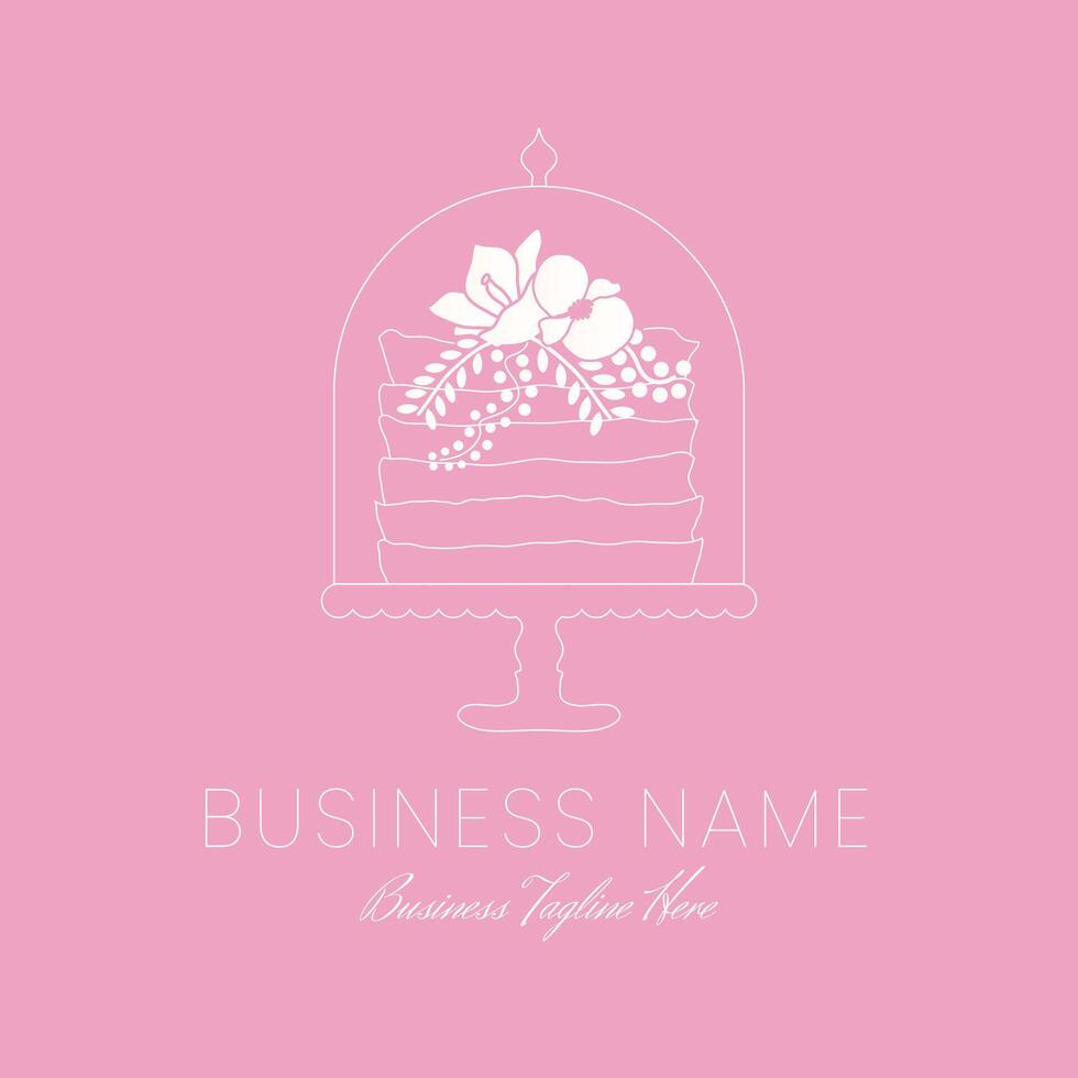 Pink Cake Outline Logo for Bakery in Minimal Clean Style with Floral Decoration vector