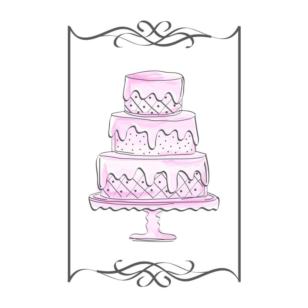 Pink Watercolor Cake Illustration in Victorian Sketch Style vector