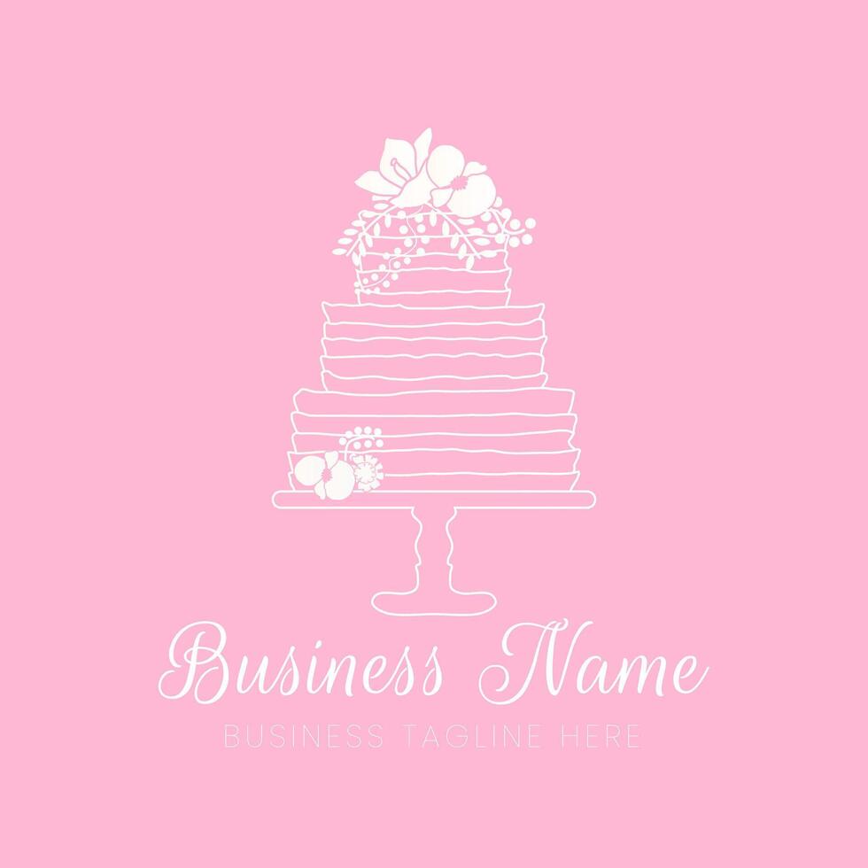 Pink Cake Outline Logo for Bakery in Minimal Clean Style with Flowers vector