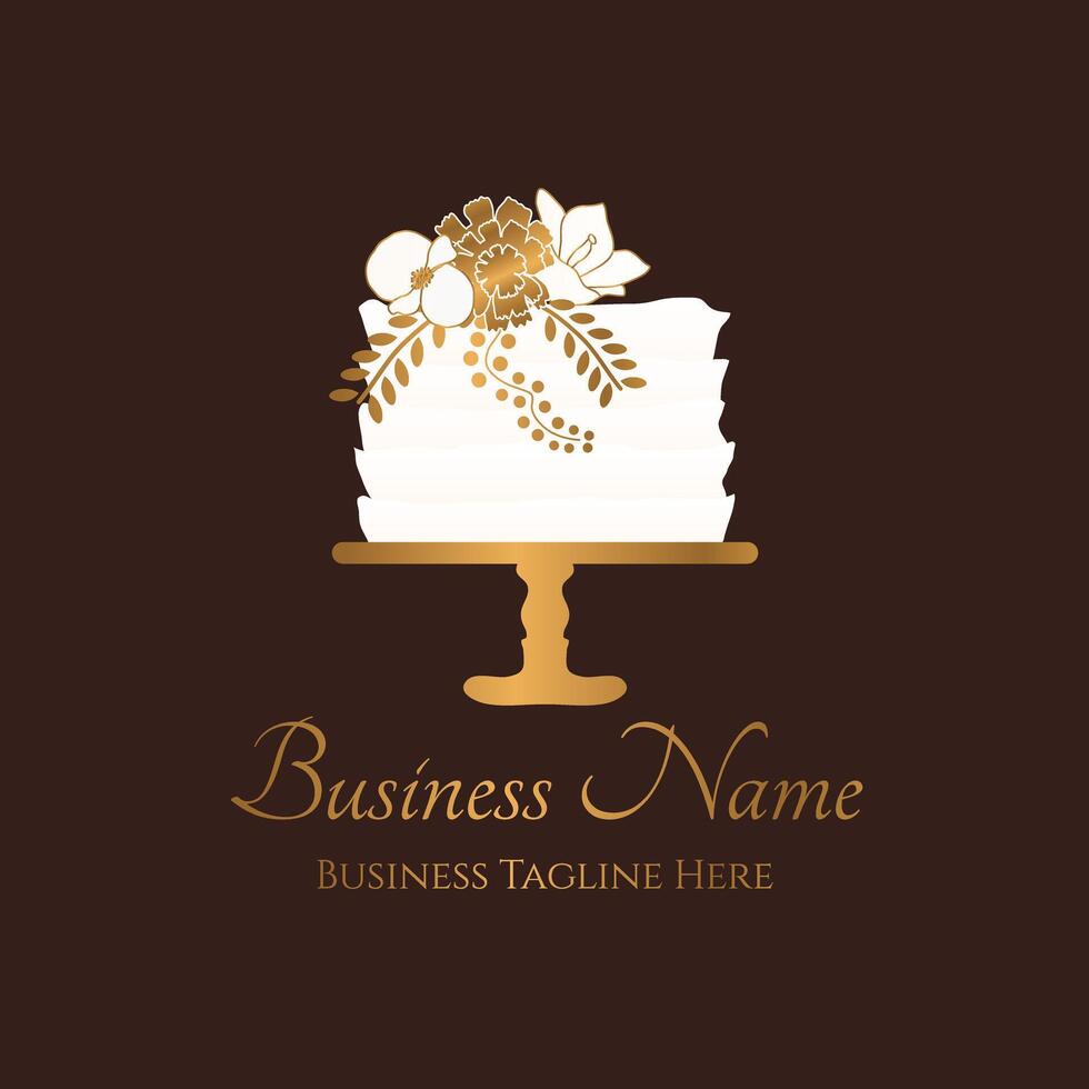 Chocolate Cake Bakery Logo in Elegant Style and Gold Flowers vector