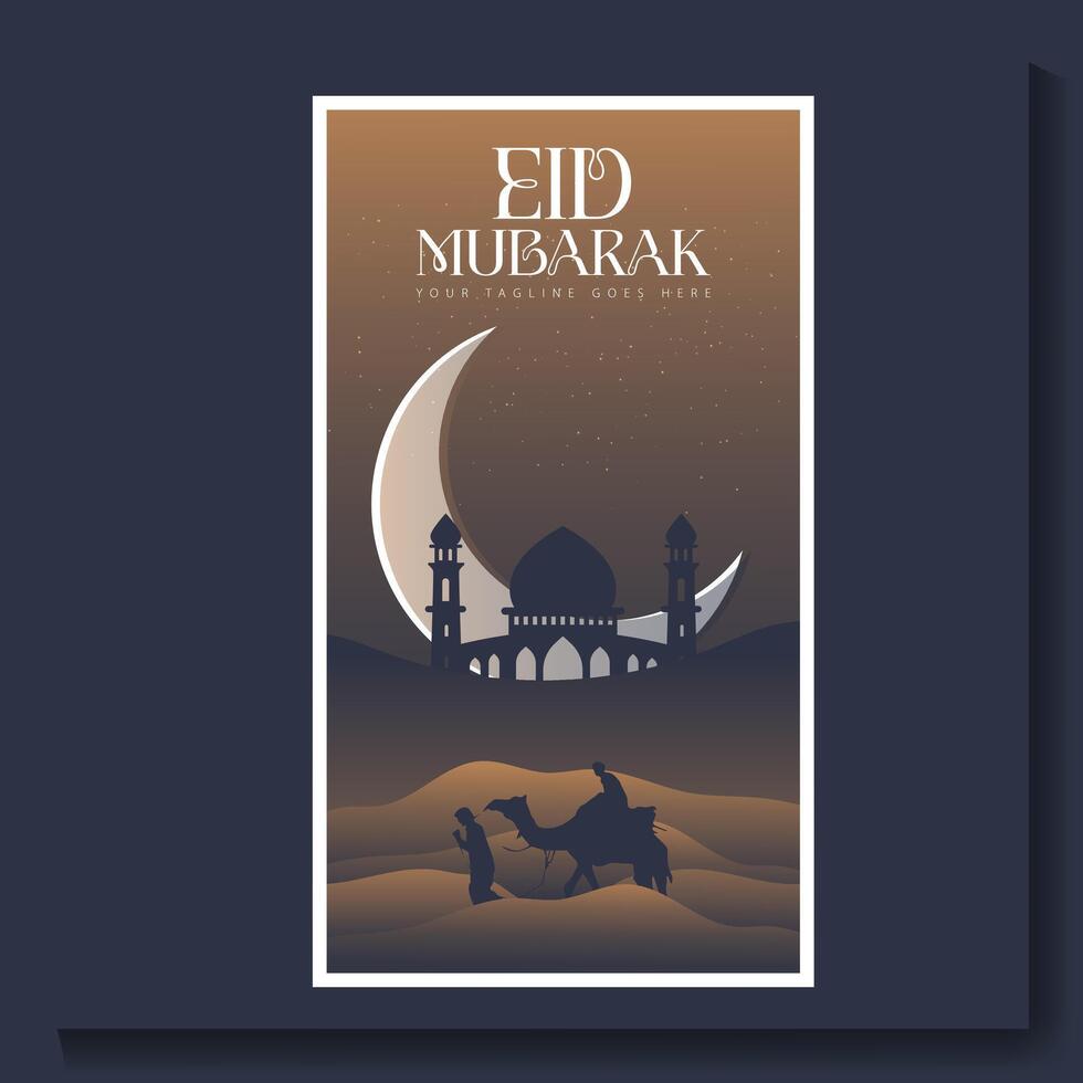 eid Mubarak póster con un creciente Luna y un mezquita eid póster. vector