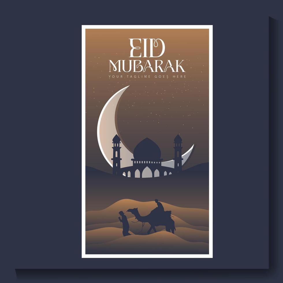 Eid mubarak poster with a crescent moon and a mosque Eid poster. vector
