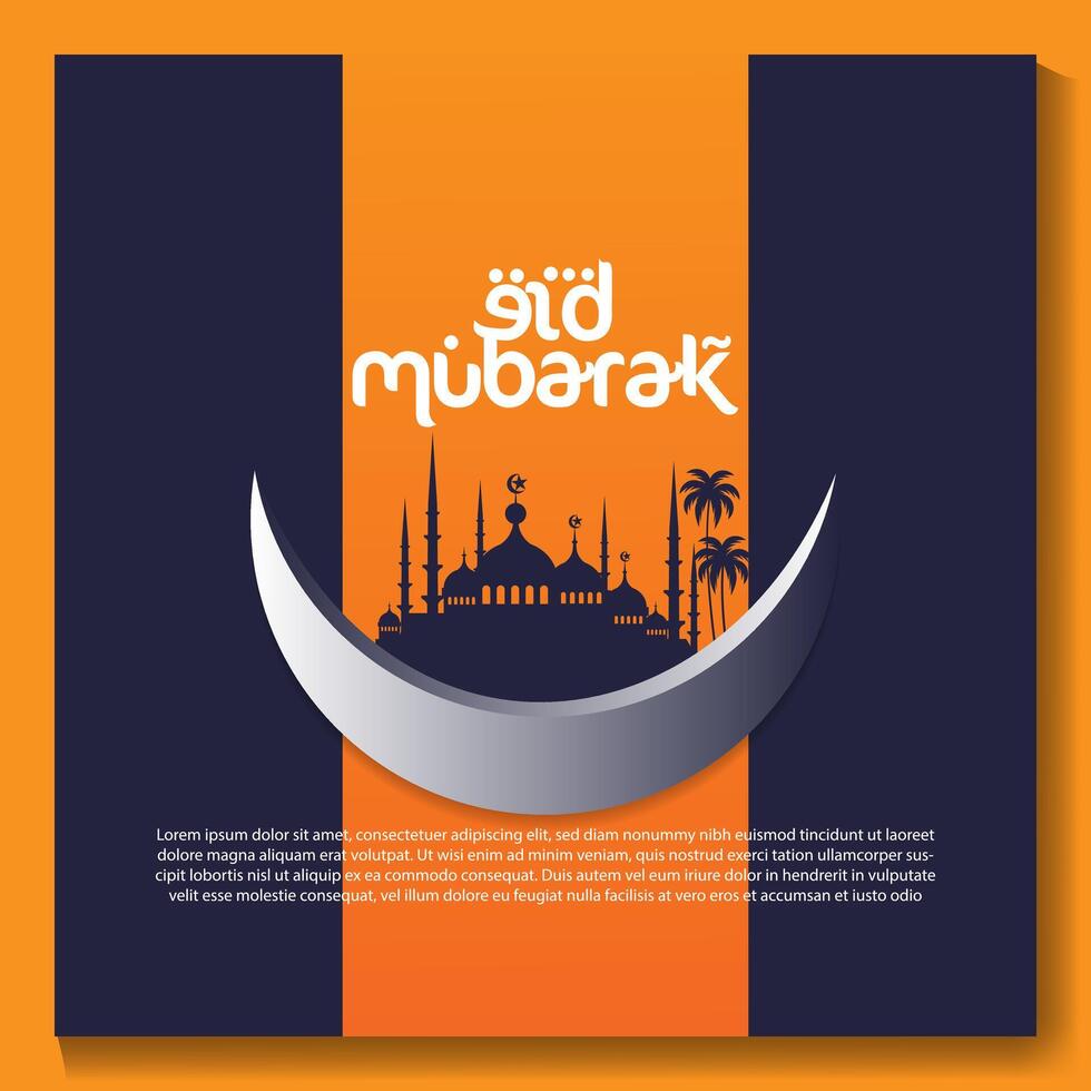 Eid mubarak poster with a crescent moon and a mosque Eid poster. vector