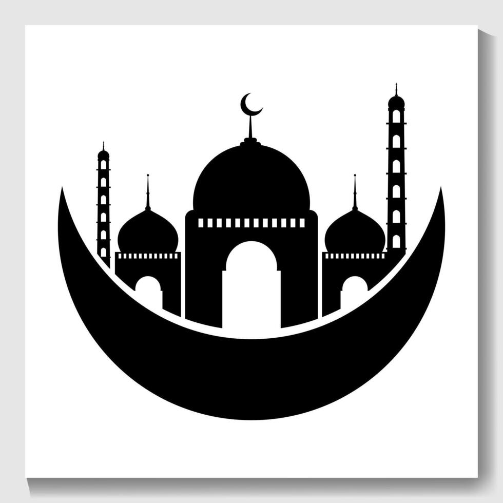 Eid mubarak poster with a crescent moon and a mosque Eid poster. vector