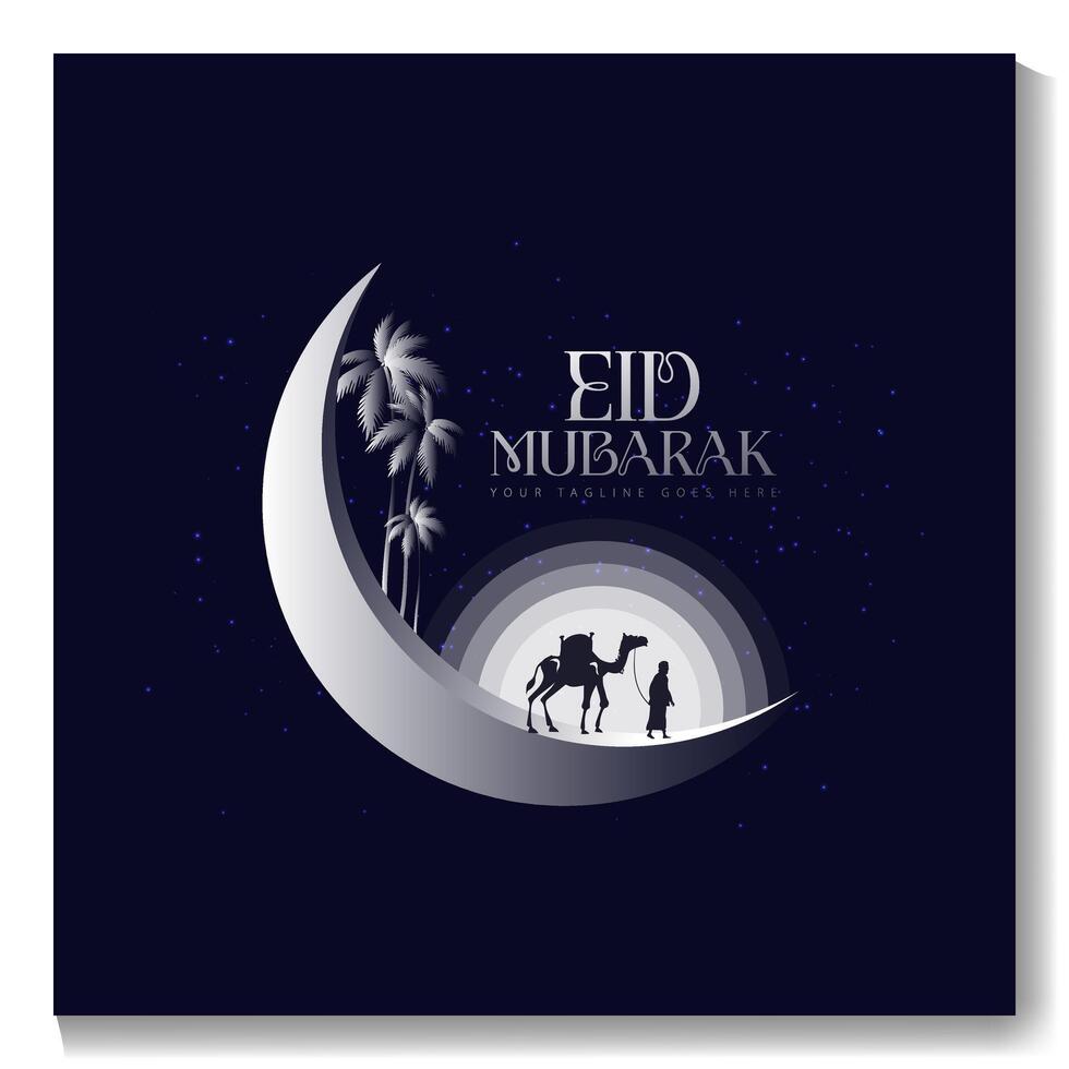 Eid mubarak poster with a crescent moon and a mosque Eid poster. vector
