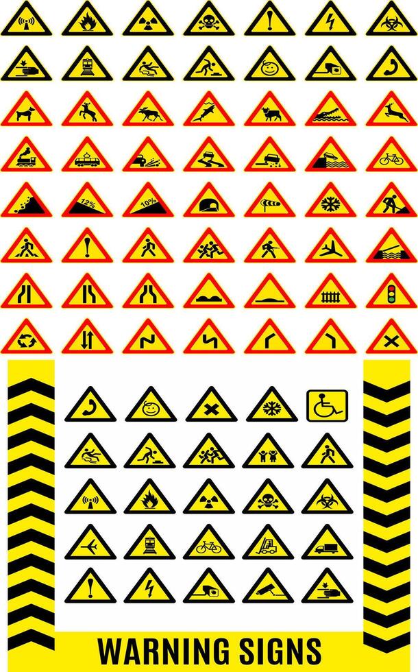 Warning symbol set. Hazard warning signals set. Collection of illustrated warning signs. vector