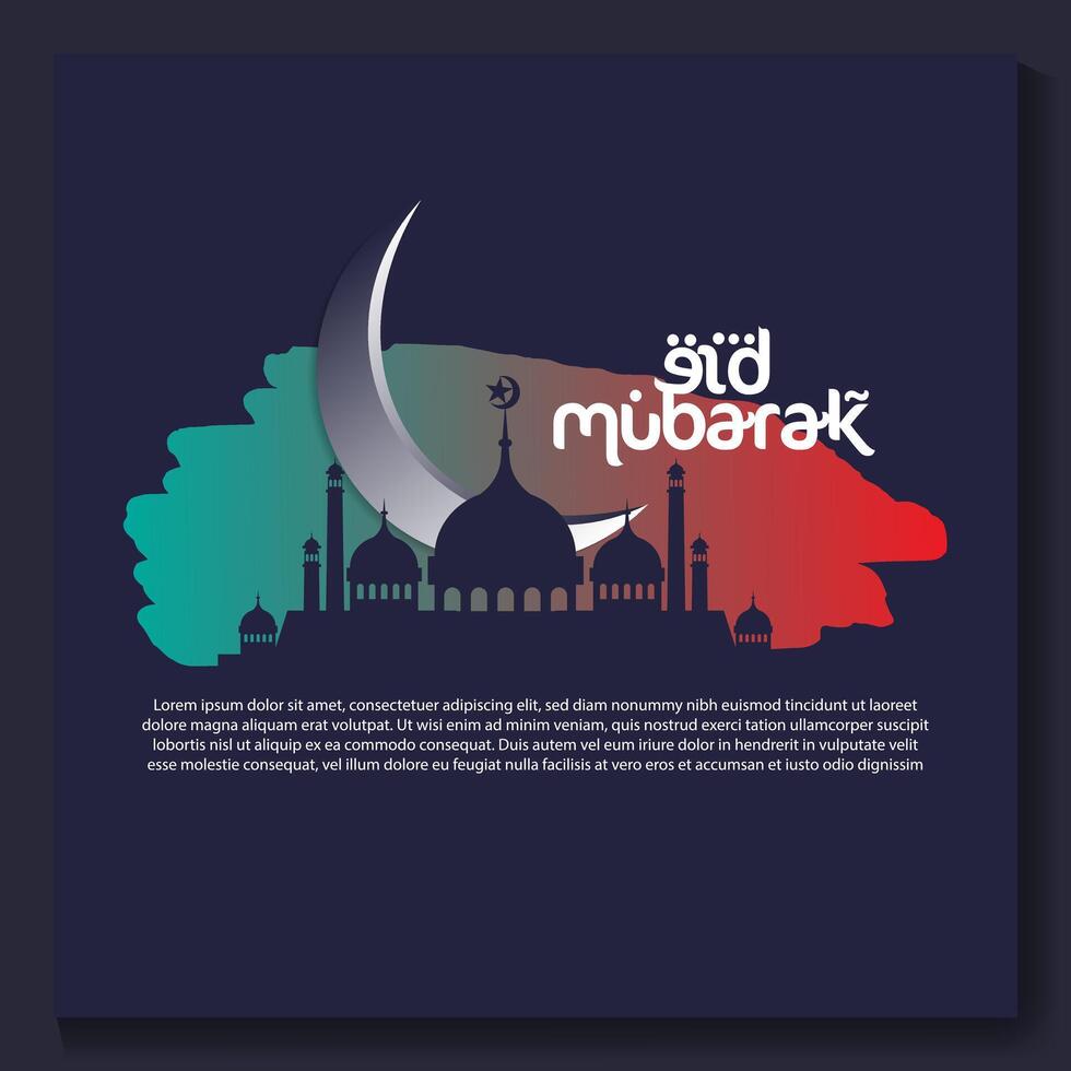 Eid mubarak poster with a crescent moon and a mosque Eid poster. vector