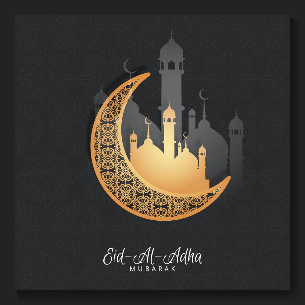 Eid mubarak poster with a crescent moon and a mosque Eid poster. vector