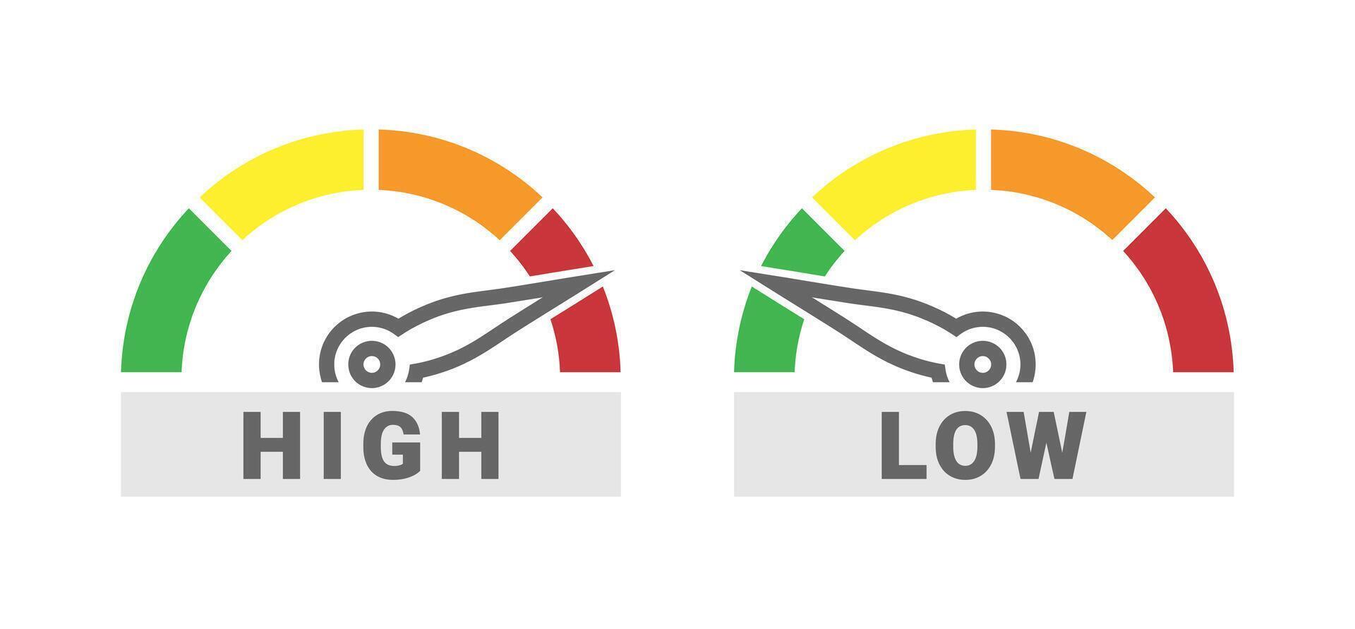 Low and High Gauge Scale Measure Speedometer Icon from Green to Red Isolated vector