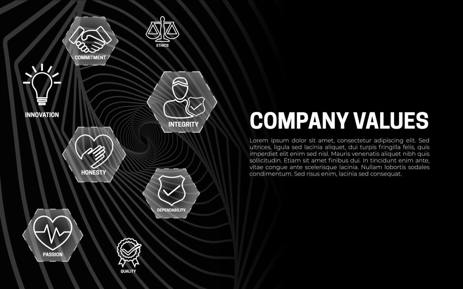 Company Values Banner Black Background with Icons vector