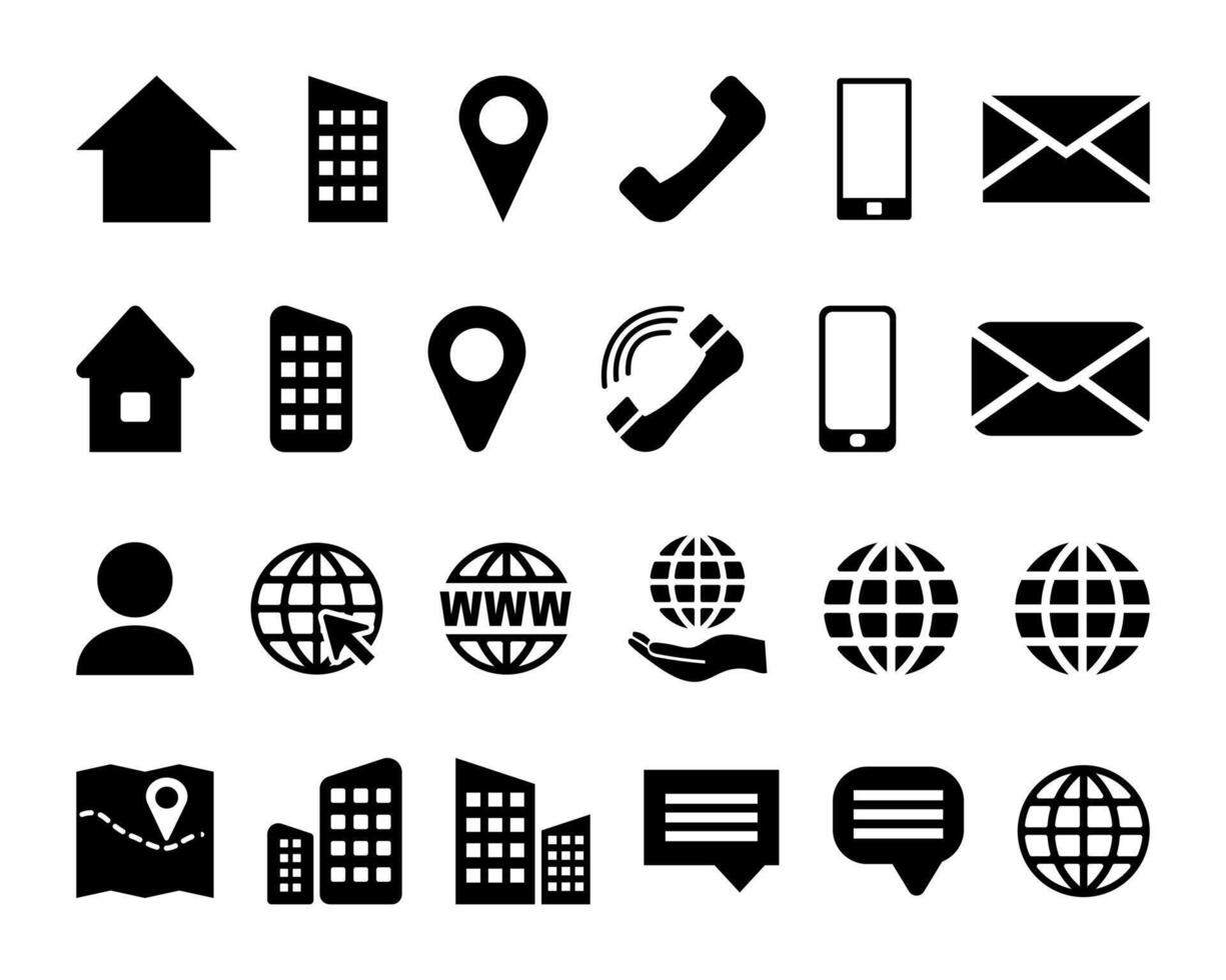Black Contact Info Icon Set for Location Pin, Phone, Web and Cellphone, Person and Email Icons. vector