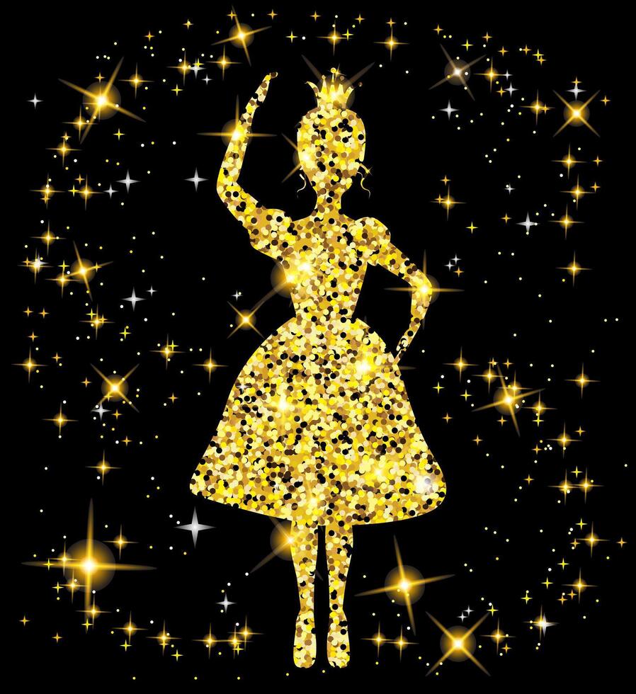 Gold Sparkle Princess Illustration Design with Magical Stars on Black Background vector