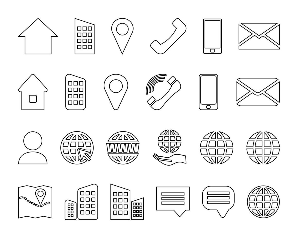 Thin Outline Contact Info Icon Set for Location Pin, Phone, Web and Cellphone and Email Icons. vector