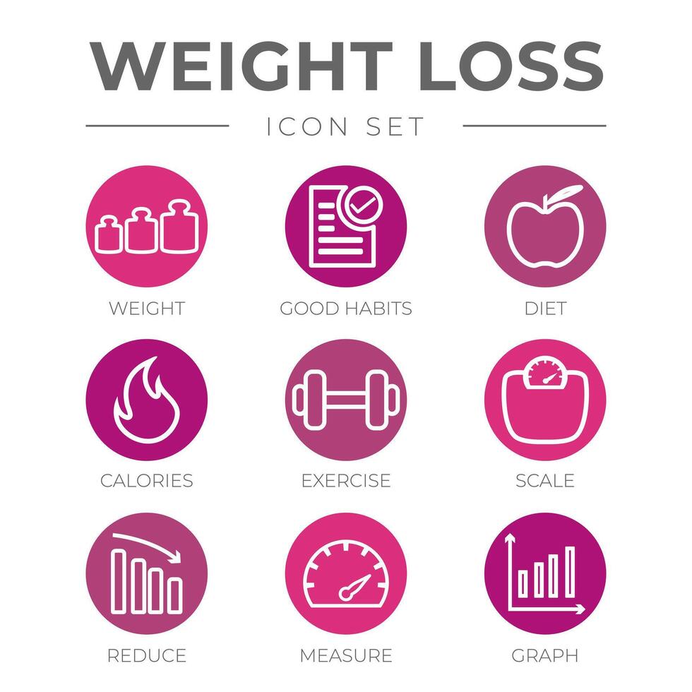 Weight Loss Round Outline Icons Set vector