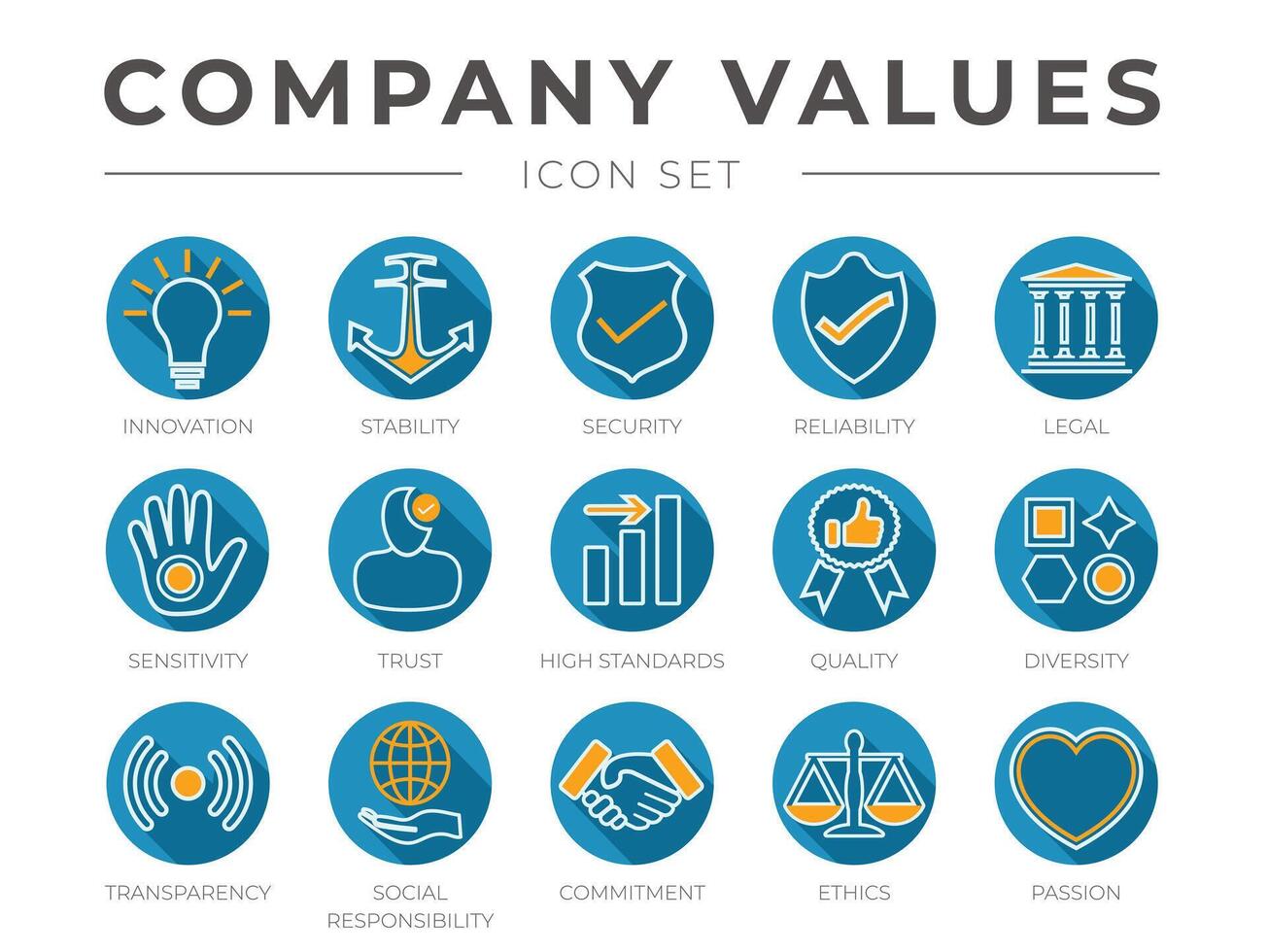 Flat Colorful Outline Company Core Values Icon Set. Innovation, Stability, Security, Reliability, Standard, Quality, Diversity, Transparency, Social Responsibility, Commitment, Ethics, Passion Icons. vector