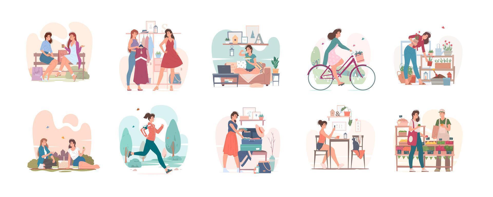 Ordinary day of young woman in city set of illustrations vector