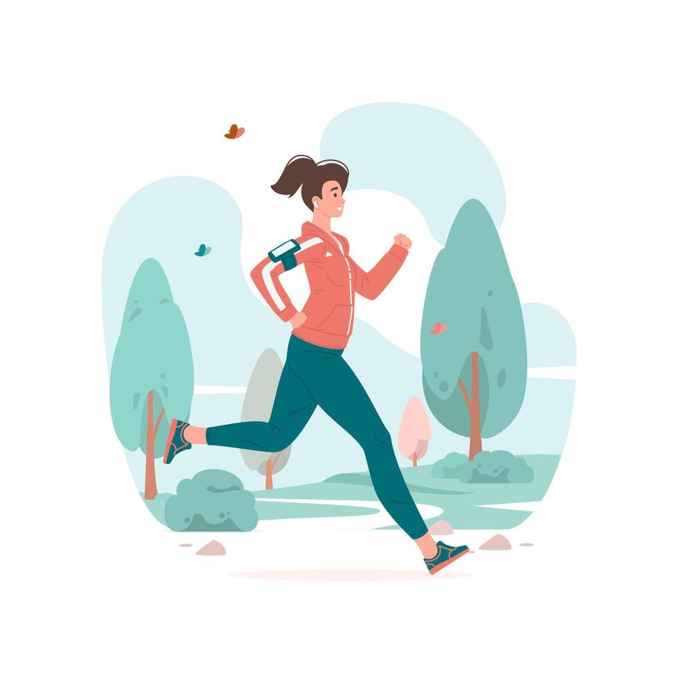 Woman running during fitness training in park illustration. vector