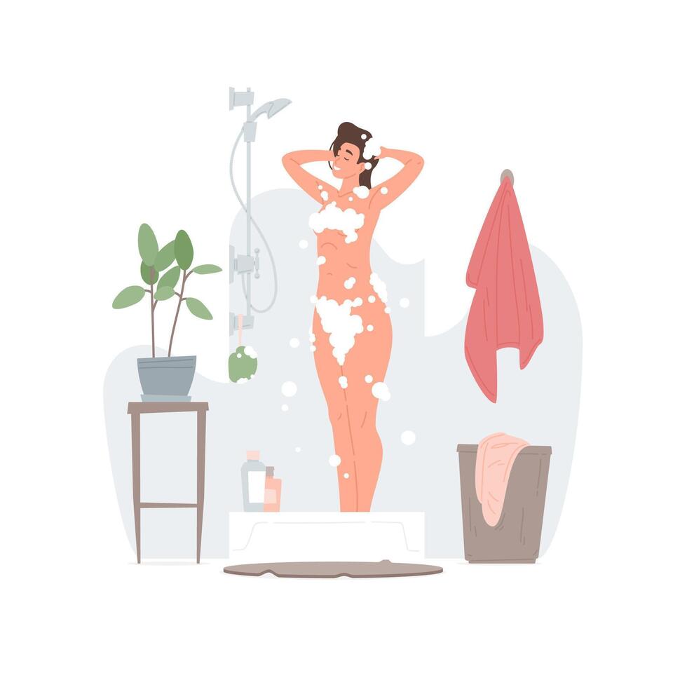 Happy woman washing hair and body at home vector