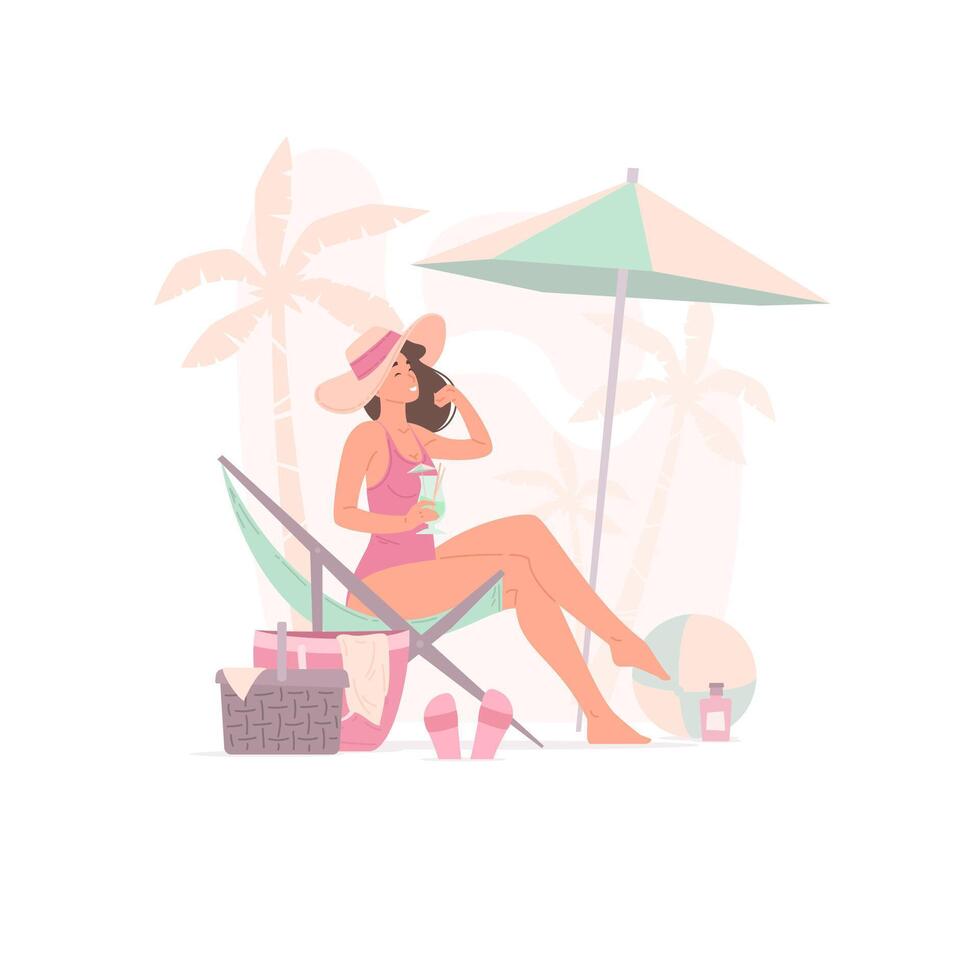 Woman with cocktail on resort in summer vector