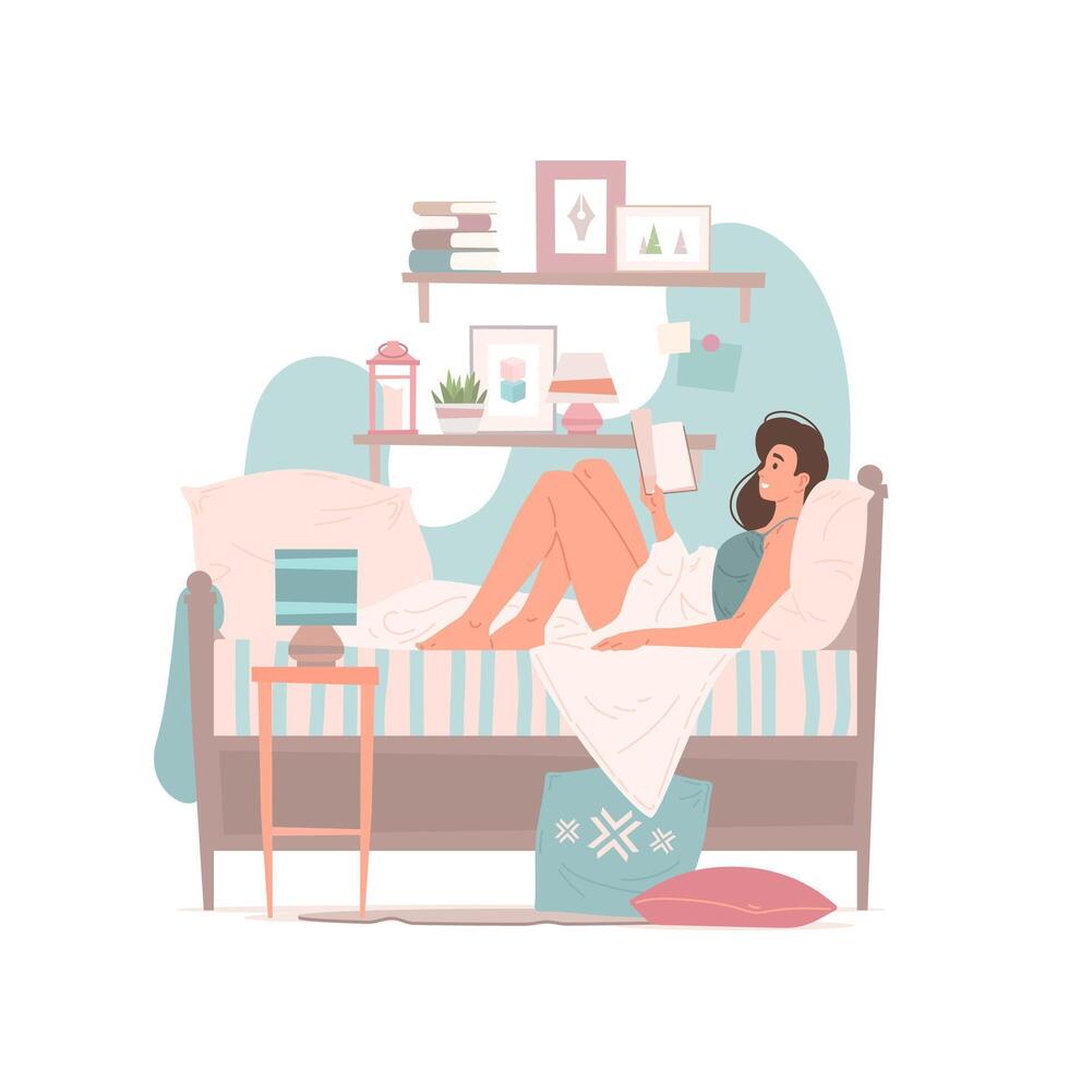 Woman reading book on bed at home vector