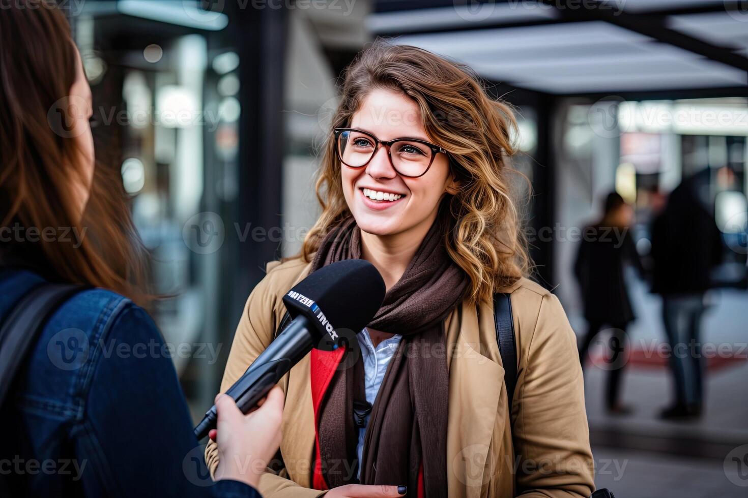 AI generated Woman wearing glasses speaking to an interviewer photo