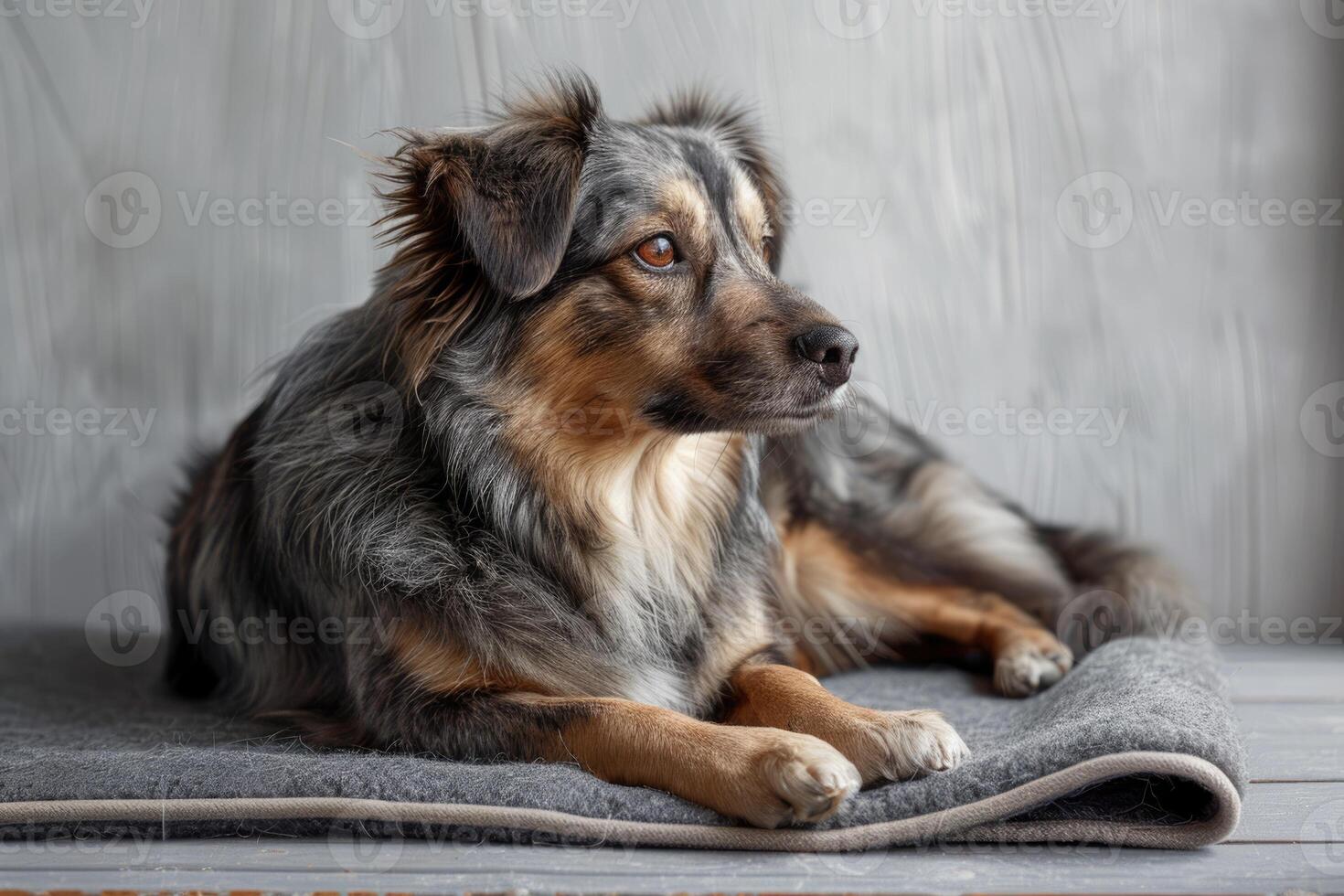 AI generated Cute relaxed dog lying on cool mat in hot day , white wall background, summer heat. ai generated photo