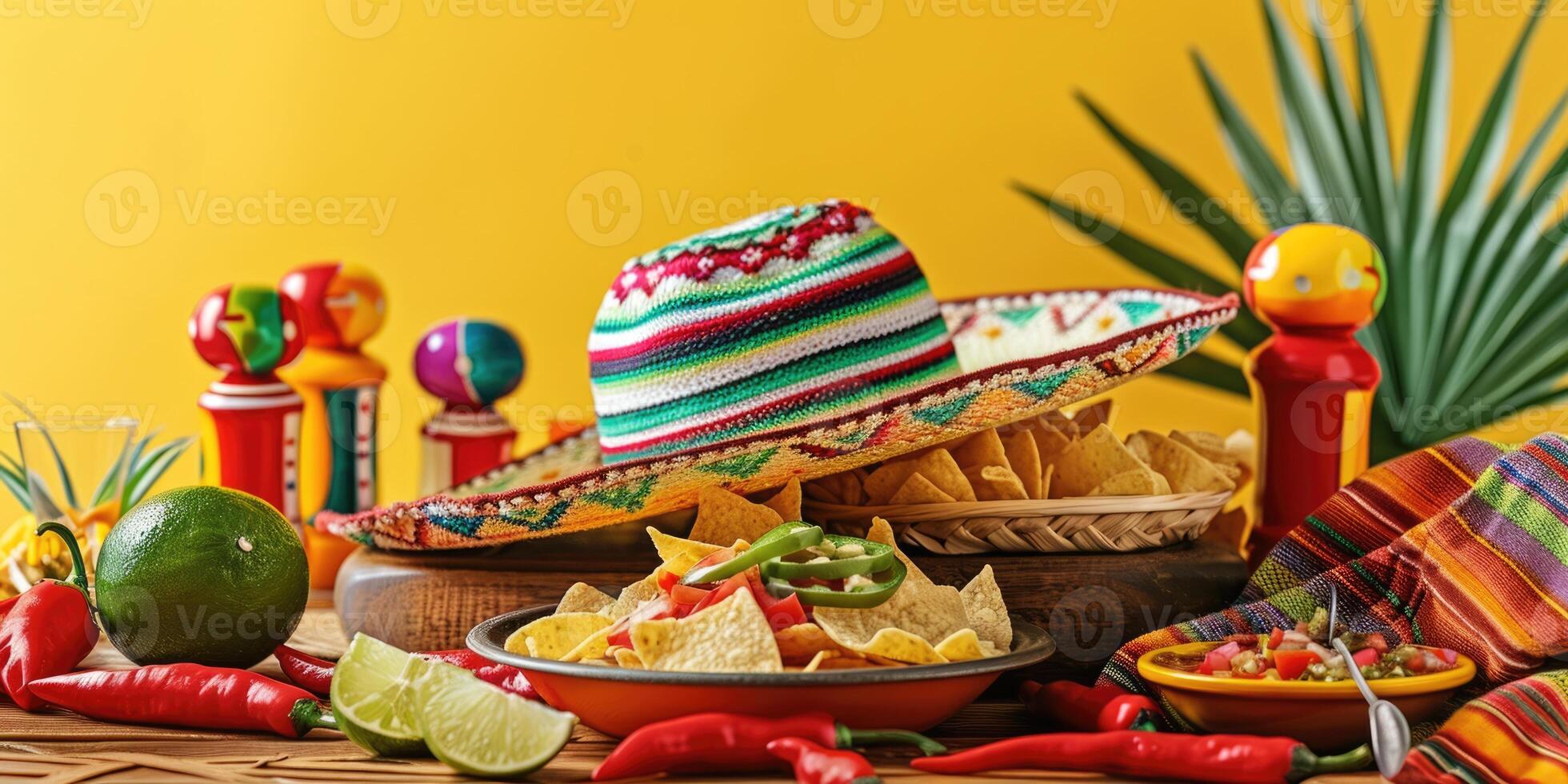 AI generated Cinco de Mayo flat lay on a bright yellow backdrop. AI Generated photo