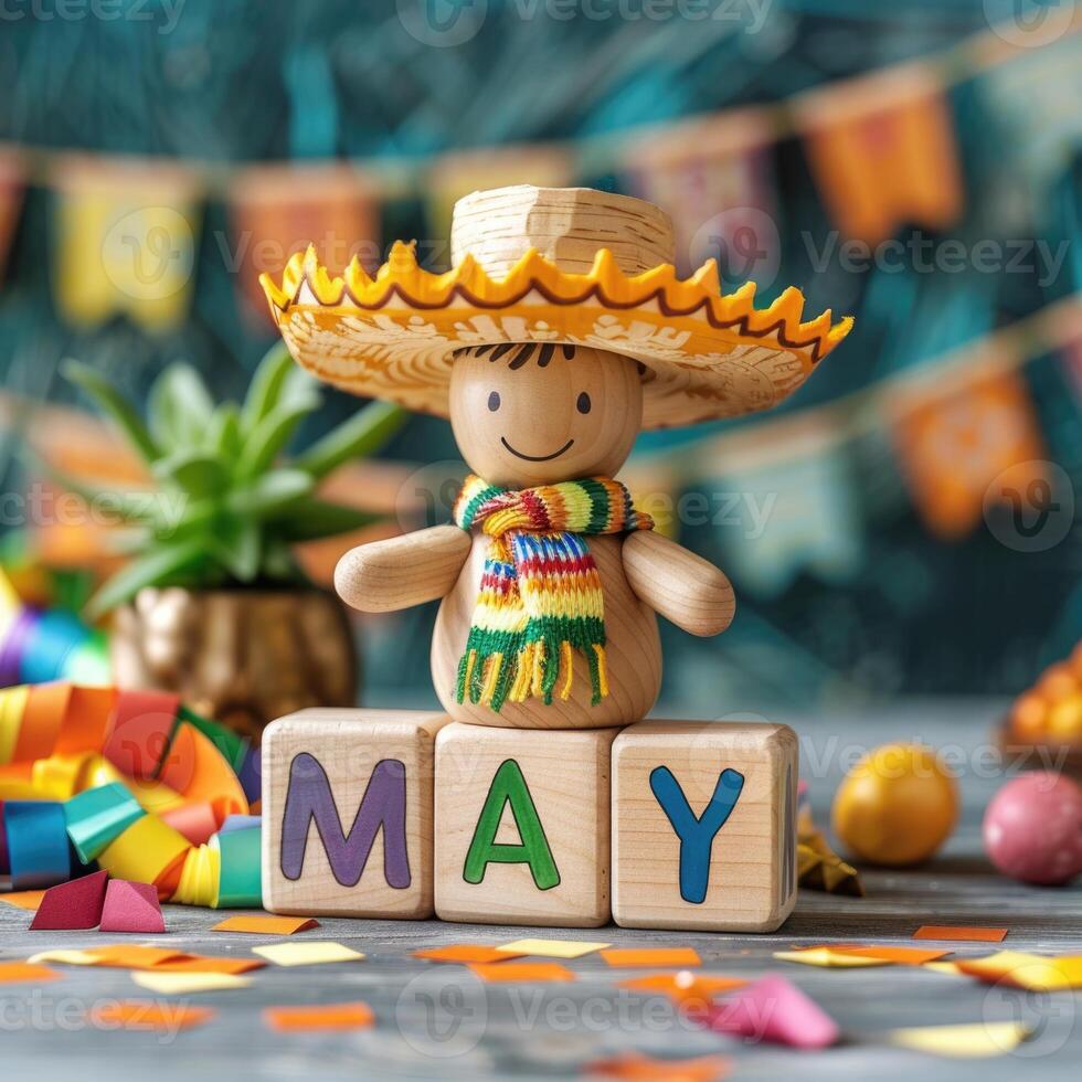 AI generated Save the date white block calendar for Cinco de Mayo, with fun Mexican cactus and hat. ai generated photo