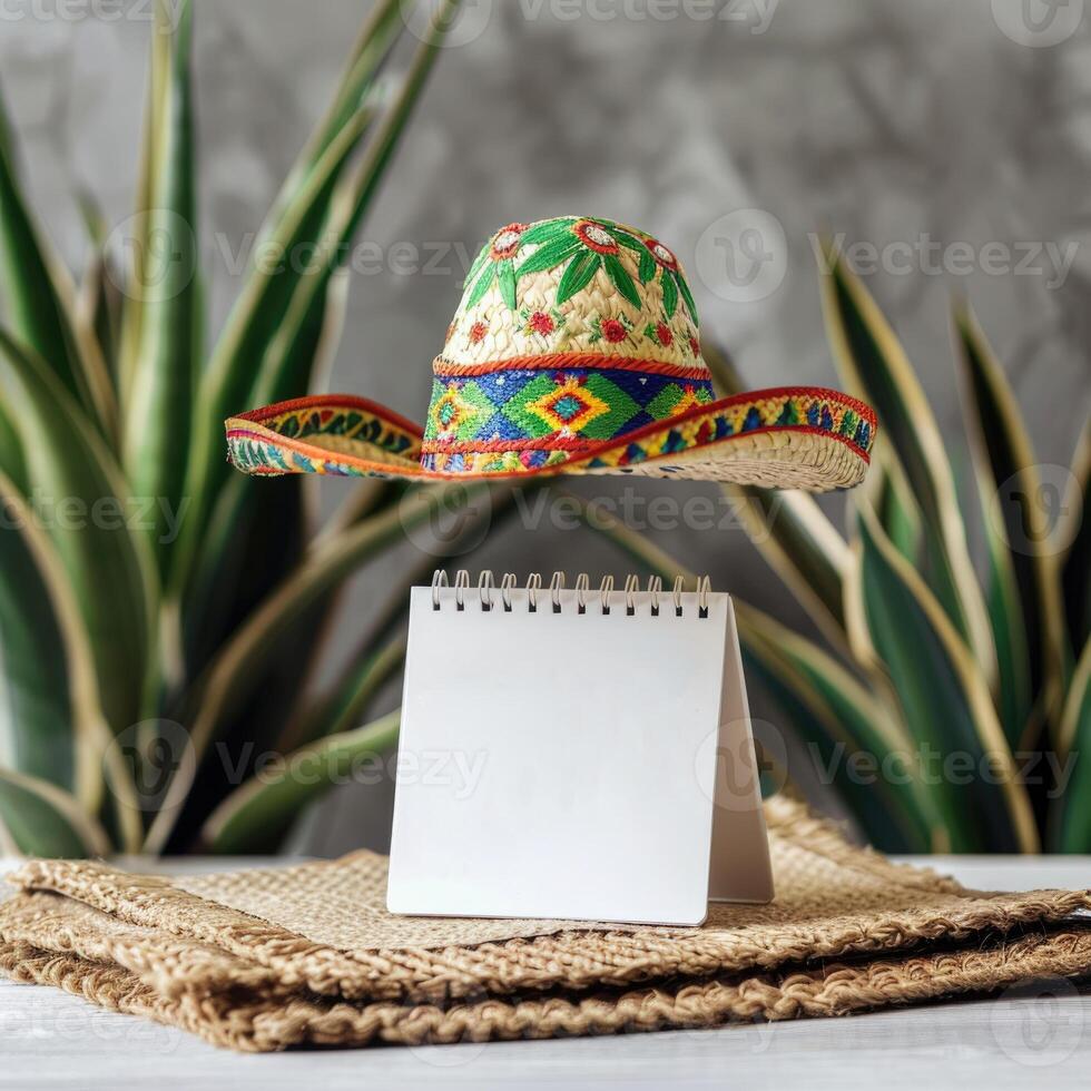 AI generated Save the date white block calendar for Cinco de Mayo, with fun Mexican cactus and hat. ai generated photo