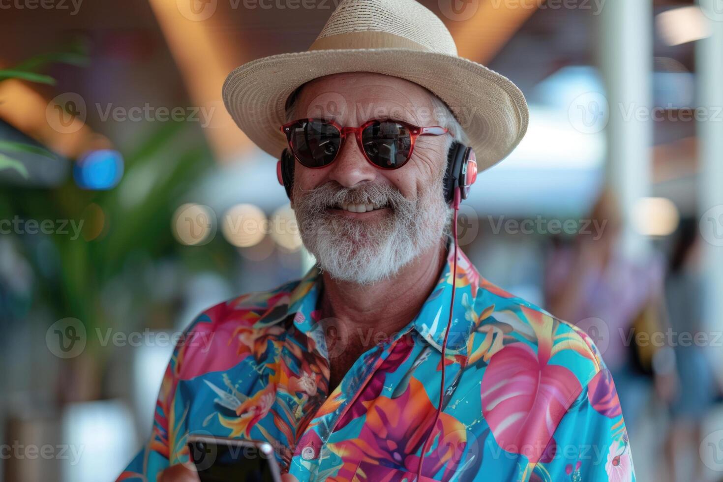 man in bright comfy summer clothes and headphones in the airport using smartphone. photo