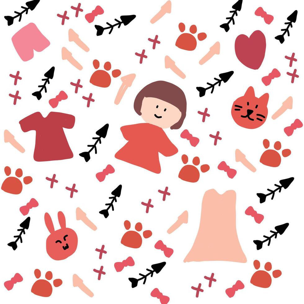 children drawing girl and cat pattern illustration vector