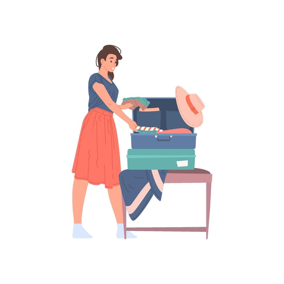 Smiling young woman packing clothes in suitcase ready to travel vacation flat illustration vector