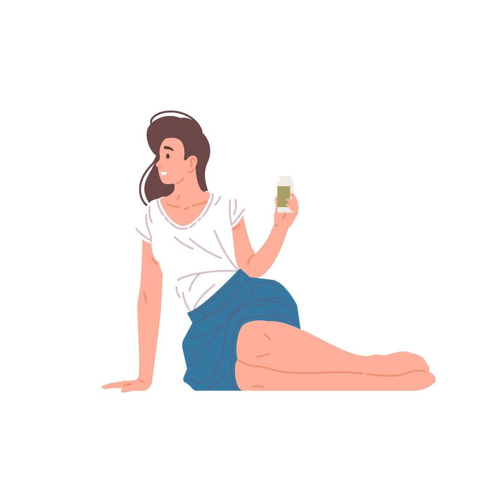 Smiling young elegance woman relaxing sitting with bottle of fresh liquid dairy beverage flat vector