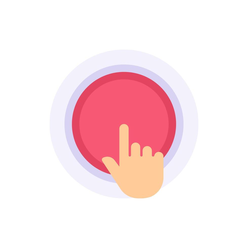 Human hand press on huge circle red button flat illustration. Person finger turn off and on vector