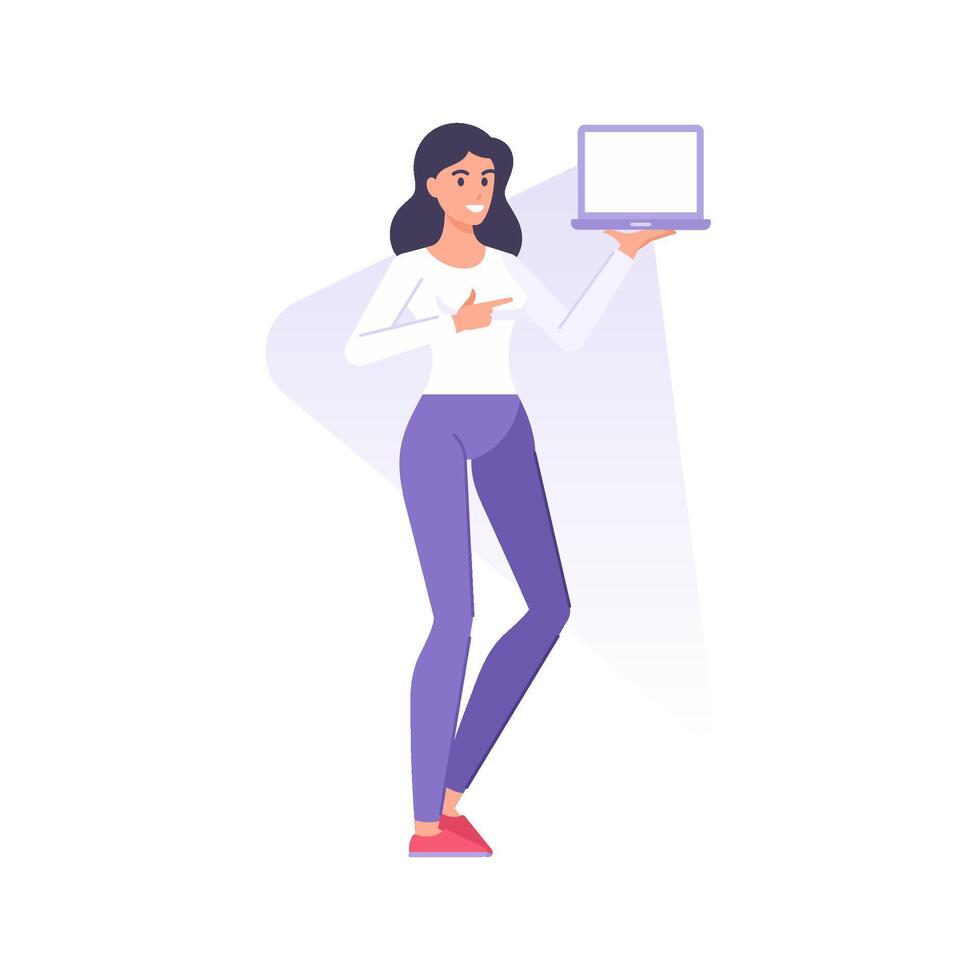 Happy modern woman pointing finger on laptop screen empty copy space internet marketing vector