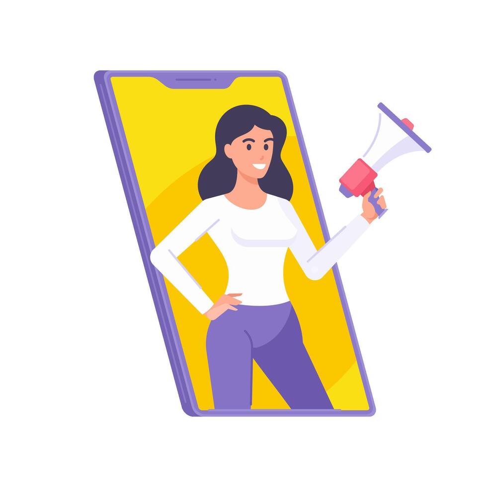 Woman with megaphone at screen of smartphone internet marketing advertising isometric vector