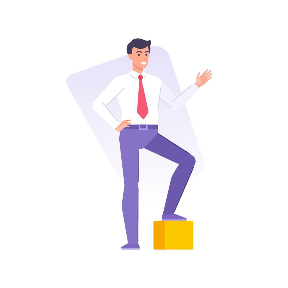 Successful business man in red tie standing on golden pedestal waving hand with positive emotion vector