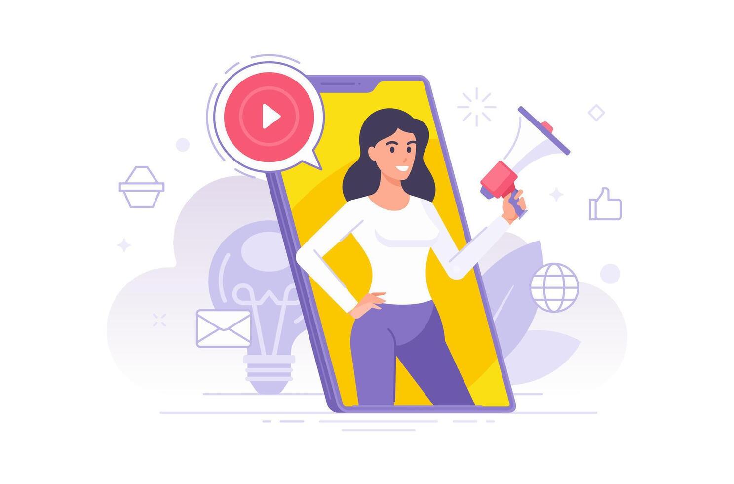 illustration of flat cartoon woman with megaphone making announcement and promoting vector
