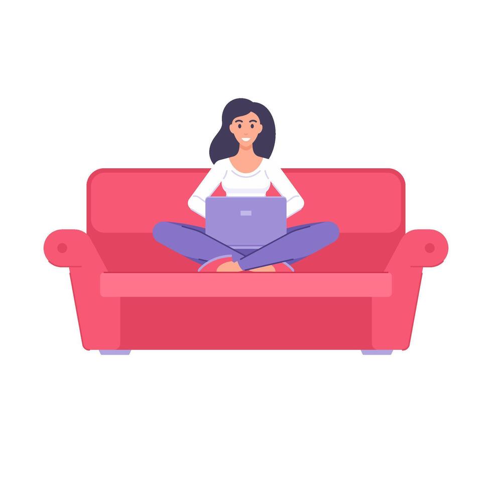 Smiling freelancer woman working remotely surfing internet use laptop pc sitting on couch vector