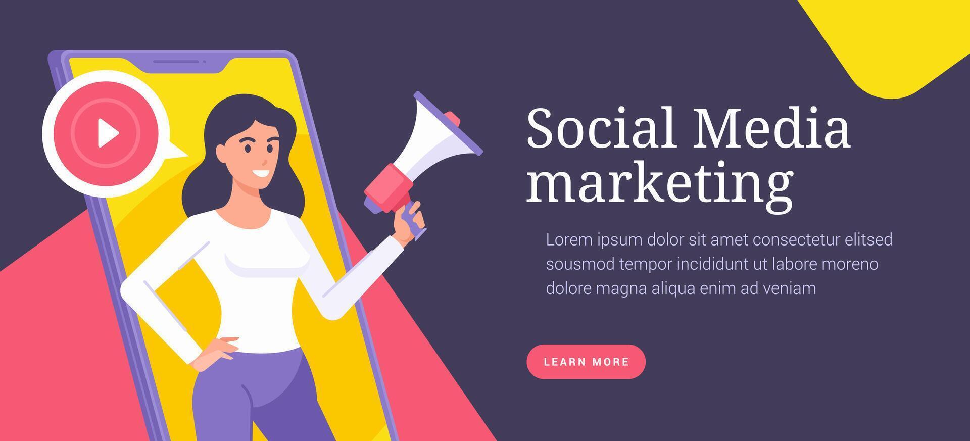 illustration of modern smartphone with woman character with loudspeaker depicted near social media marketing vector