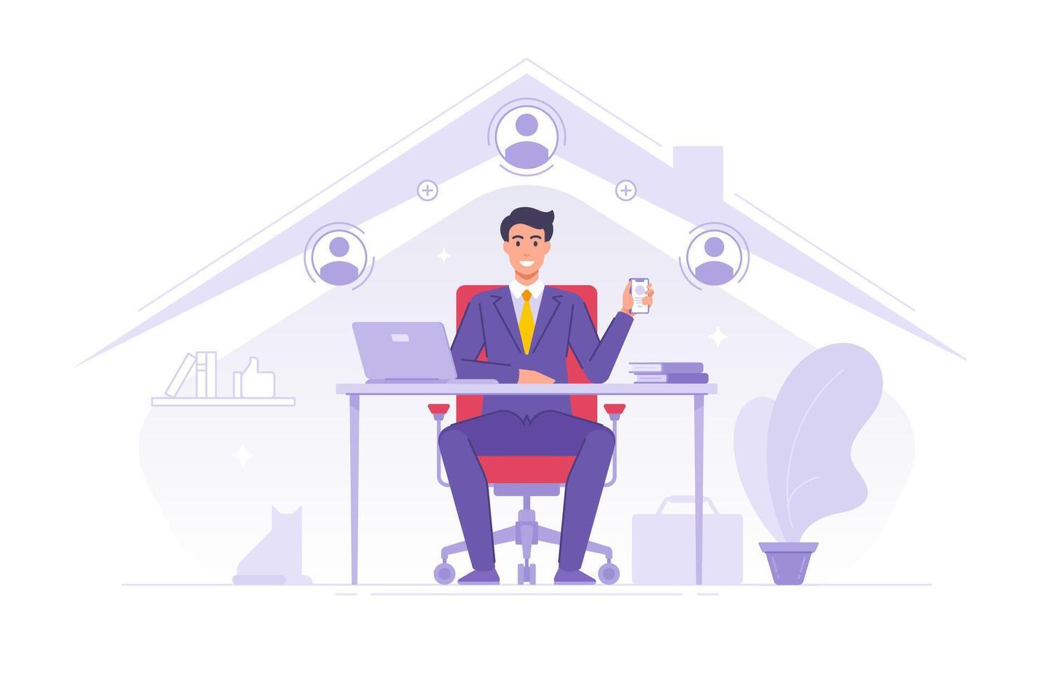 Businessman using app for remote job work at home illustration vector