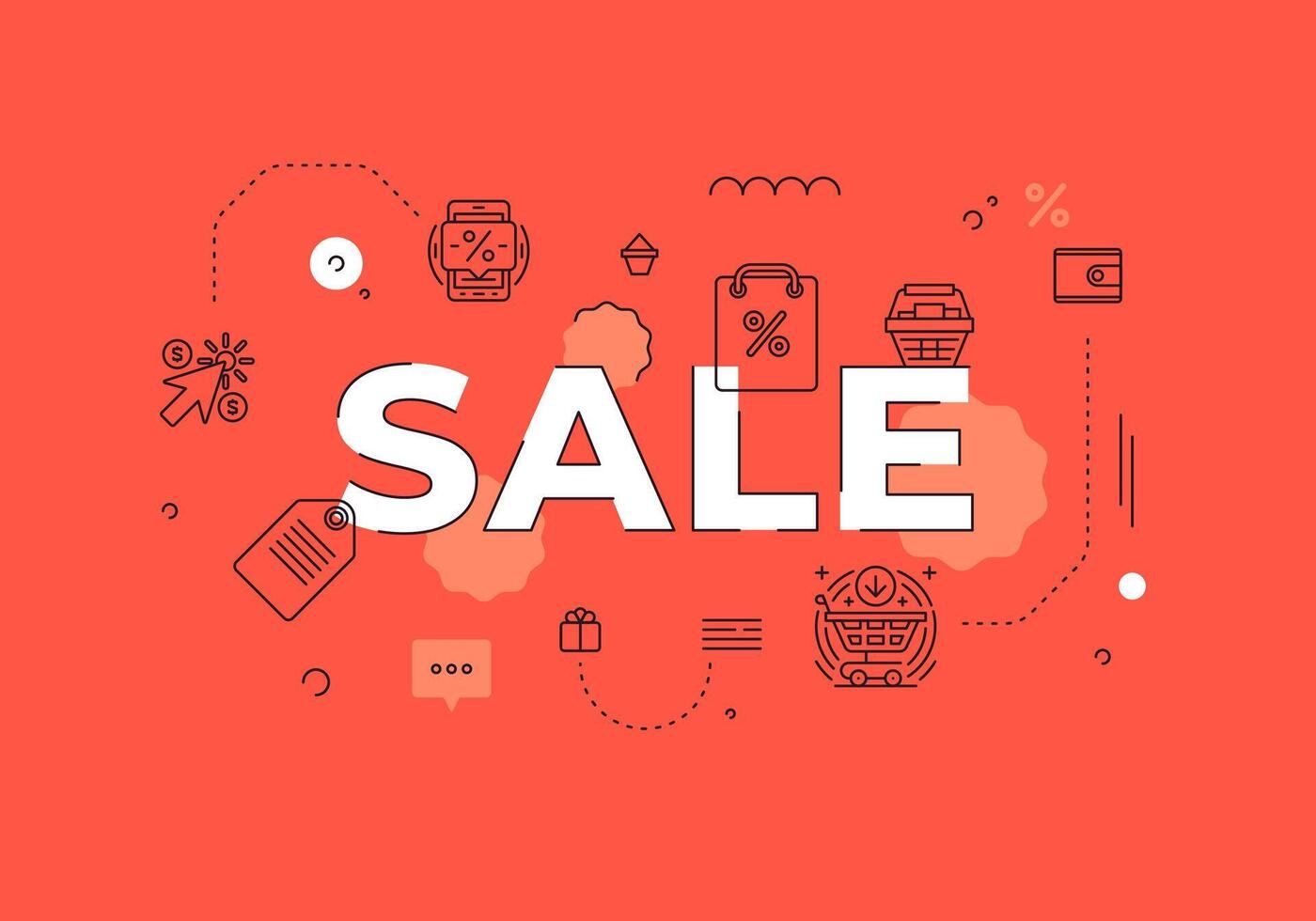 Sale text concept modern flat style illustration red banner with outline icons vector