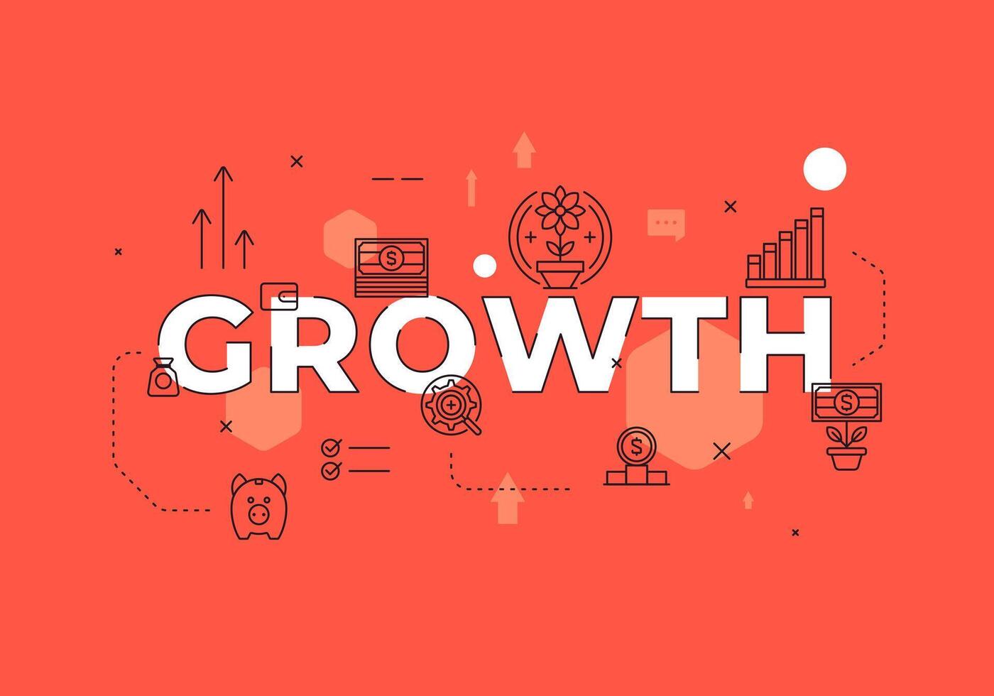 Growth text concept modern flat style illustration red banner with outline icons vector