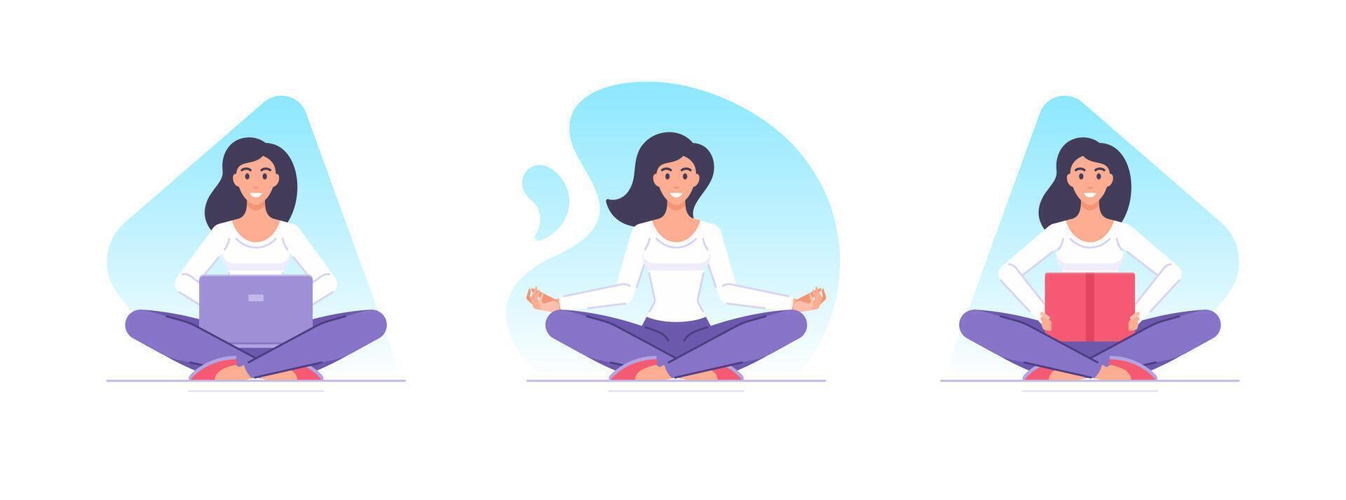 Carton female character doing yoga at home and studying set of flat style vector