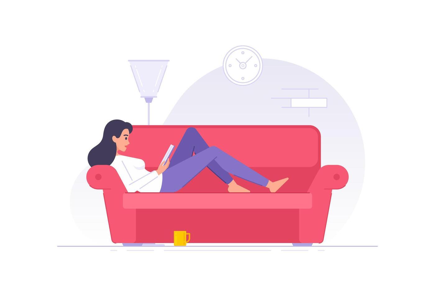 Cartoon woman character reading book on sofa at home flat illustration vector