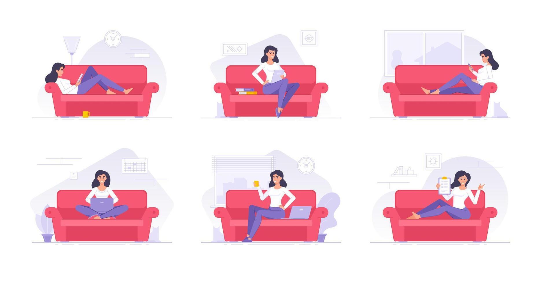 Cartoon woman character spending time at home flat illustrations set vector