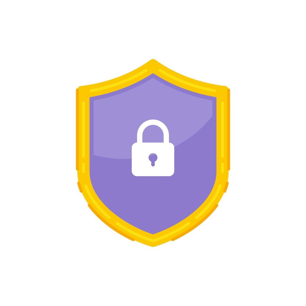 Purple classic shield yellow frame and lock flat illustration. Security antivirus padlock vector